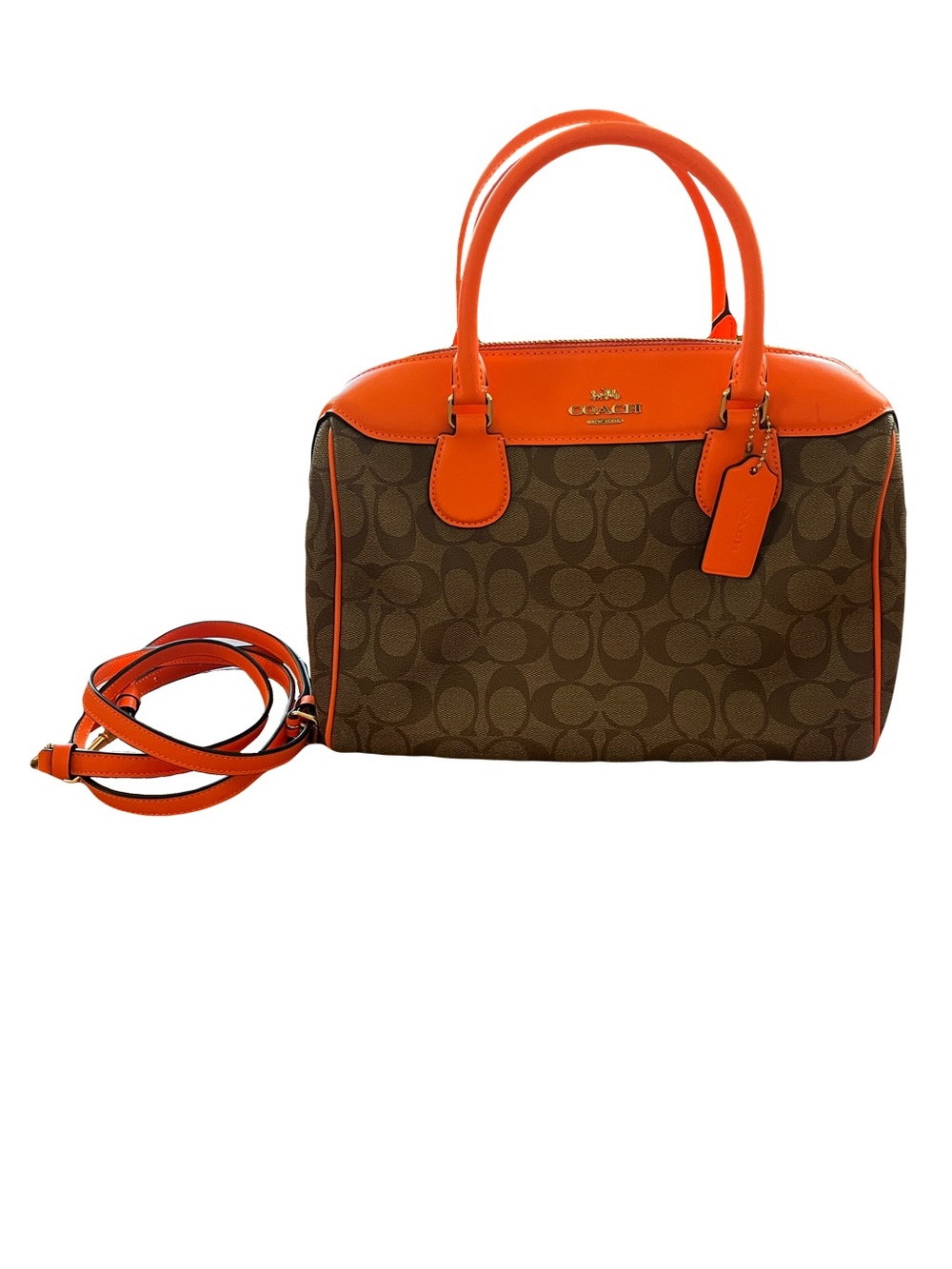 Coach Signature Mini Bennett Satchel in Khaki and Neon Orange